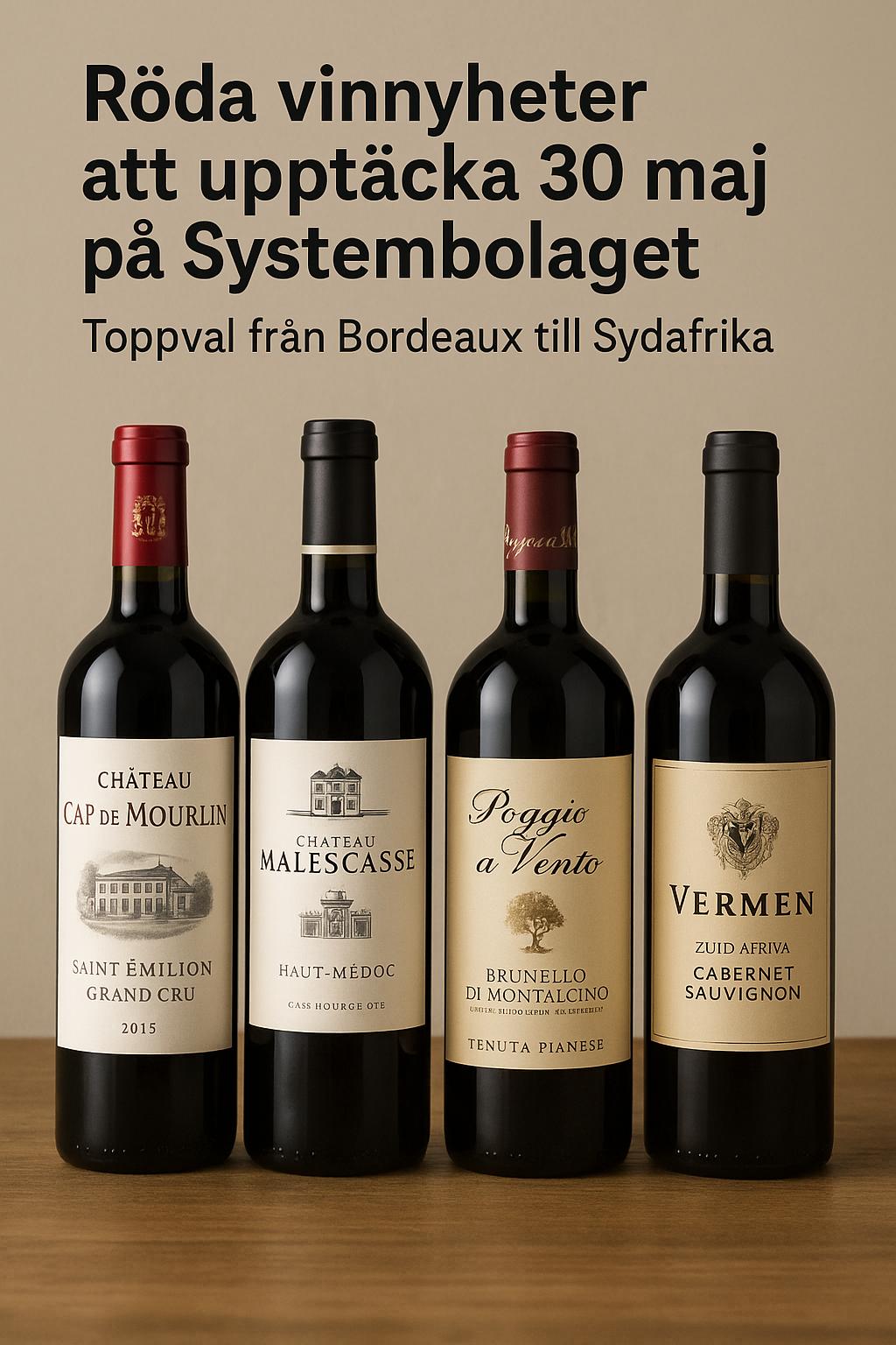 Röda vinnyheter att upptäcka 30 maj på Systembolaget toppval från Bordeaux till Sydafrika